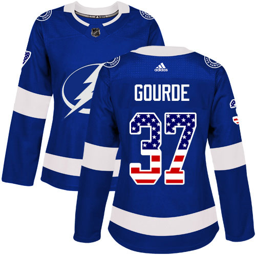 Adidas Tampa Bay Lightning #37 Yanni Gourde Blue Home Authentic USA Flag Women Stitched NHL Jersey
